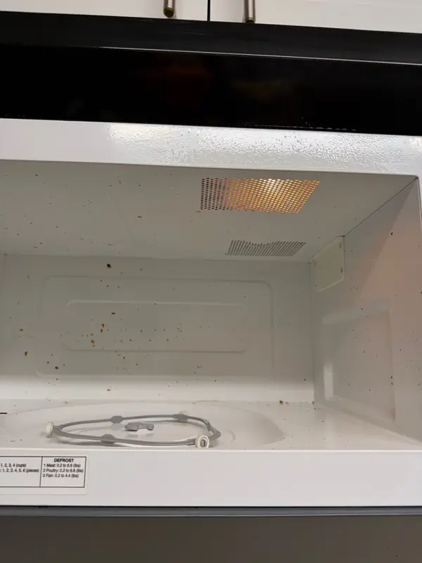 Microwave interior with food spatter before cleaning