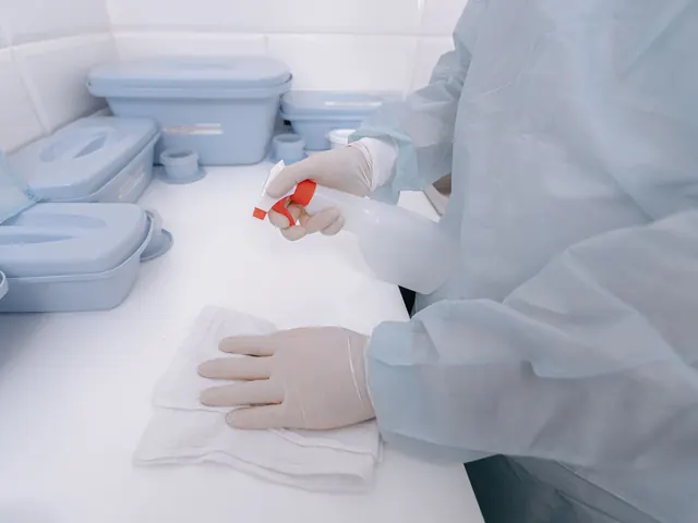 Gloved hands disinfecting a clinic counter with spray and a cloth beside sterile trays