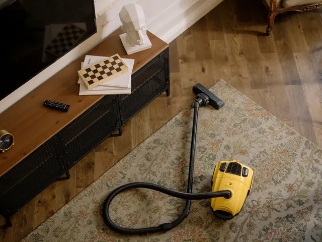 Canister vacuum on a floral area rug beside a wooden TV console in a lived-in living room